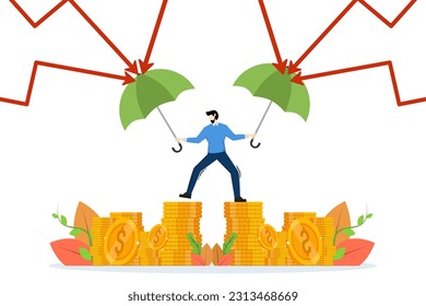 Protect financial stability. Increase asset security. Savings, deposits, or pension funds. businessman holding strong umbrella to protect money coins from falling graphic arrows.