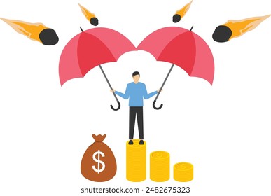 Proteger la estabilidad financiera. Aumente la seguridad de los activos. Ahorros, depósitos o fondos de pensiones. Hombre de negocios con un paraguas fuerte para proteger las monedas de dinero de la caída de flechas gráficas.