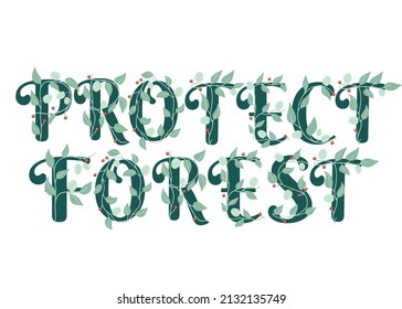 Proteger el tipo de manuscrito con hojas y ramas dibujadas a mano, ilustración vectorial aislada