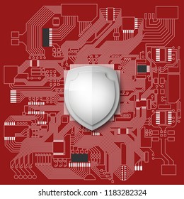 Protect GDPR guard shield circuit board Electronic computer hardware processor security technology. Motherboard digital chip. Tech processor safeguard. Privacy shield engineering motherboard component