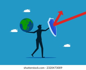 Protect the global economic crisis. man with shield protecting earth from arrow