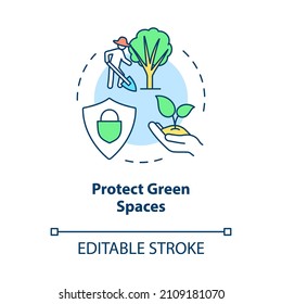 Protect green spaces concept icon. Air pollution prevention abstract idea thin line illustration. Isolated outline drawing. Editable stroke. Roboto-Medium, Myriad Pro-Bold fonts used
