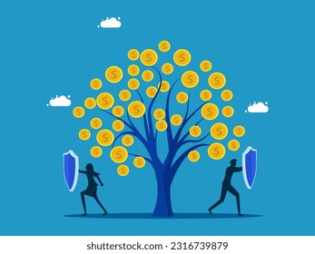 Protect the growth of business profits. Businessman team holding shield to protect money tree vector