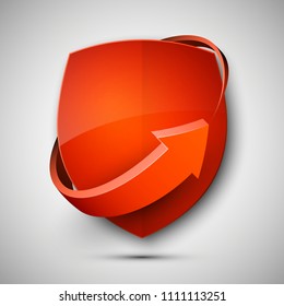 Protect guard shield arrow concept. Safety badge arrow icon. Privacy update banner shield. Security renovation label. Defense tag. Presentation renovation sticker shape. Defense safeguard shield sign