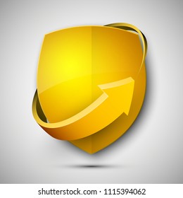 Protect guard shield arrow concept. Safety badge arrow icon. Privacy update banner shield. Security renovation label. Defense tag. Presentation renovation sticker shape. Defense safeguard shield sign