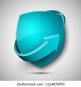 Proteger el concepto de flecha de escudo de guardia. Icono de flecha de la insignia de seguridad. Escudo del Anuncio del Actualizar de la privacidad. Etiqueta de renovación de seguridad. Etiqueta de defensa. Forma de la etiqueta engomada de la renovación de la presentación. Señal de escudo de protección de defensa