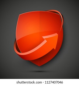 Protect guard shield arrow concept. Safety badge arrow icon. Privacy update banner shield. Security renovation label. Defense tag. Presentation renovation sticker shape. Defense safeguard shield sign