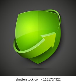 Protect guard shield arrow concept. Safety badge arrow icon. Privacy update banner shield. Security renovation label. Defense tag. Presentation renovation sticker shape. Defense safeguard shield sign