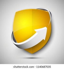 Protect guard shield arrow concept. Safety badge arrow icon. Privacy update banner shield. Security renovation label. Defense tag. Presentation renovation sticker shape. Defense safeguard shield sign