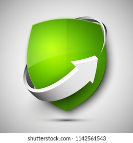 Protect guard shield arrow concept. Safety badge arrow icon. Privacy update banner shield. Security renovation label. Defense tag. Presentation renovation sticker shape. Defense safeguard shield sign