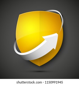 Protect guard shield arrow concept. Safety badge arrow icon. Privacy update banner shield. Security renovation label. Defense tag. Presentation renovation sticker shape. Defense safeguard shield sign