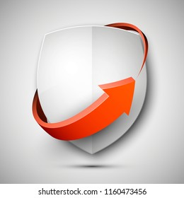 Protect guard shield arrow concept. Safety badge arrow icon. Privacy update banner shield. Security renovation label. Defense tag. Presentation renovation sticker shape. Defense safeguard shield sign