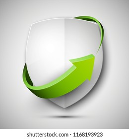 Protect guard shield arrow concept. Safety badge arrow icon. Privacy update banner shield. Security renovation label. Defense tag. Presentation renovation sticker shape. Defense safeguard shield sign