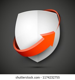 Protect guard shield arrow concept. Safety badge arrow icon. Privacy update banner shield. Security renovation label. Defense tag. Presentation renovation sticker shape. Defense safeguard shield sign