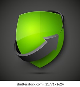 Protect guard shield arrow concept. Safety badge arrow icon. Privacy update banner shield. Security renovation label. Defense tag. Presentation renovation sticker shape. Defense safeguard shield sign