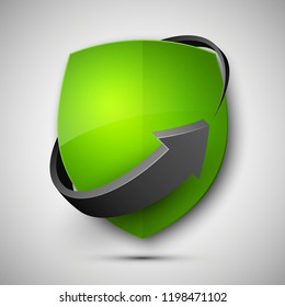 Protect guard shield arrow concept. Safety badge arrow icon. Privacy update banner shield. Security renovation label. Defense tag. Presentation renovation sticker shape. Defense safeguard shield sign