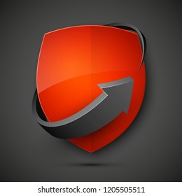 Protect guard shield arrow concept. Safety badge arrow icon. Privacy update banner shield. Security renovation label. Defense tag. Presentation renovation sticker shape. Defense safeguard shield sign