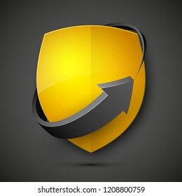 Protect guard shield arrow concept. Safety badge arrow icon. Privacy update banner shield. Security renovation label. Defense tag. Presentation renovation sticker shape. Defense safeguard shield sign