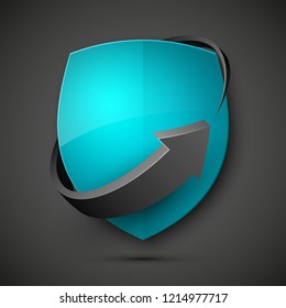 Protect guard shield arrow concept. Safety badge arrow icon. Privacy update banner shield. Security renovation label. Defense tag. Presentation renovation sticker shape. Defense safeguard shield sign
