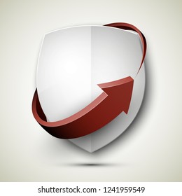 Protect guard shield arrow concept. Safety badge arrow icon. Privacy update banner shield. Security renovation label. Defense tag. Presentation renovation sticker shape. Defense safeguard shield sign