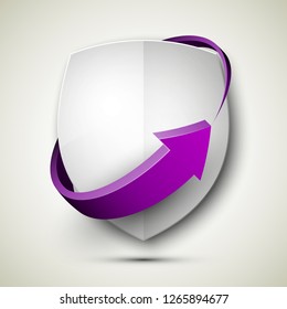 Protect guard shield arrow concept. Safety badge arrow icon. Privacy update banner shield. Security renovation label. Defense tag. 