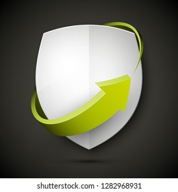 Protect guard shield arrow concept. Safety badge arrow icon. Privacy update banner shield. Security renovation label. Defense tag. Presentation renovation sticker shape. Defense safeguard shield sign