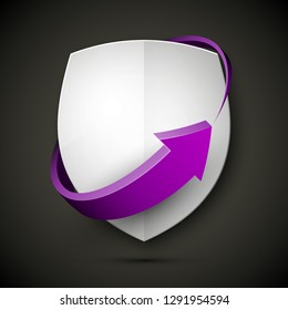 Protect guard shield arrow concept. Safety badge arrow icon. Privacy update banner shield. Security renovation label. Defense tag. Presentation renovation sticker shape. Defense safeguard shield sign