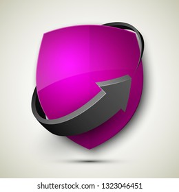 Protect guard shield arrow concept. Safety badge arrow icon. Privacy update banner shield. Security renovation label. Defense tag. Presentation renovation sticker shape. Defense safeguard shield sign