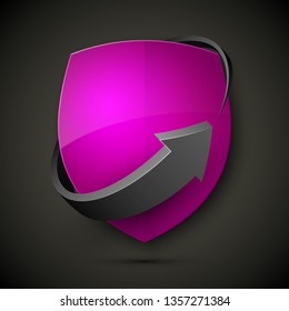 Protect guard shield arrow concept. Safety badge arrow icon. Privacy update banner shield. Security renovation label. Defense tag. Presentation renovation sticker shape. Defense safeguard shield sign