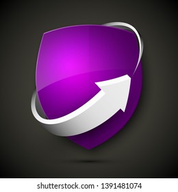 Protect guard shield arrow concept. Safety badge arrow icon. Privacy update banner shield. Security renovation label. Defense tag. Presentation renovation sticker shape. Defense safeguard shield sign