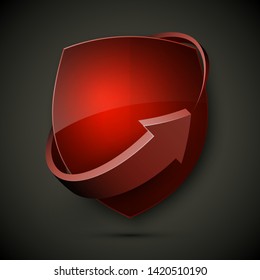 Protect guard shield arrow concept. Safety badge arrow icon. Privacy update banner shield. Security renovation label. Defense tag. Presentation renovation sticker shape. Defense safeguard shield sign