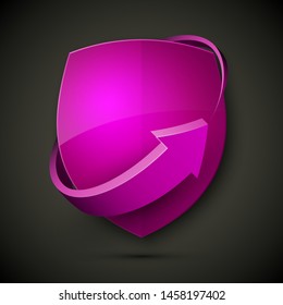 Protect guard shield arrow concept. Safety badge arrow icon. Privacy update banner shield. Security renovation label. Defense tag. Presentation renovation sticker shape. Defense safeguard shield sign