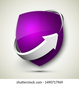 Protect guard shield arrow concept. Safety badge arrow icon. Privacy update banner shield. Security renovation label. Defense tag. Presentation renovation sticker shape. Defense safeguard shield sign