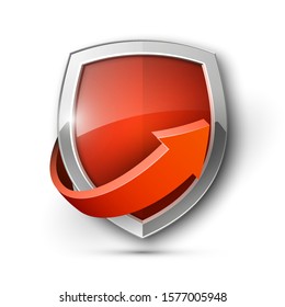 Proteger o conceito de seta de escudo de proteção. Ícone de seta do emblema de segurança. Proteção de banner de atualização de privacidade. Etiqueta de renovação de segurança. Marca de defesa. Forma do adesivo de renovação da apresentação. Sinal de escudo de proteção de defesa