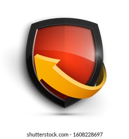 Protect guard shield arrow concept. Safety badge arrow icon. Privacy update banner shield. Security renovation label. Defense tag. Presentation renovation sticker shape. Defense safeguard shield sign