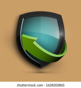 Protect guard shield arrow concept. Safety badge arrow icon. Privacy update banner shield. Security renovation label. Defense tag. Presentation renovation sticker shape. Defense safeguard shield sign