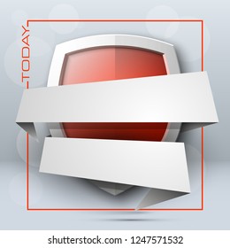 Protect guard shield banner concept. Safety badge stripe icon. Privacy update banner shield. Security renovation label. Defense tag Presentation renovation sticker shape. Defense safeguard shield sign