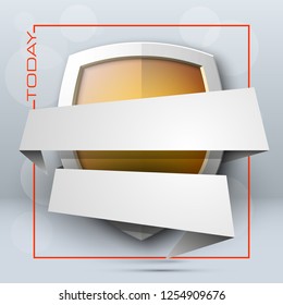Protect guard shield banner concept. Safety badge stripe icon. Privacy update banner shield. Security renovation label. Defense tag Presentation renovation sticker shape. Defense safeguard shield sign