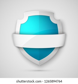 Protect guard shield banner concept. Safety badge stripe icon. Privacy update banner shield. Security renovation label. 