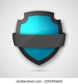 Protect guard shield banner concept. Safety badge stripe icon. Privacy update banner shield. Security renovation label. Defense tag presentation band sticker shape Defense safeguard stripe shield sign