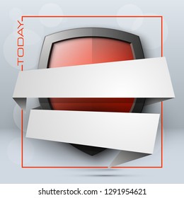 Protect guard shield banner concept. Safety badge stripe icon. Privacy update banner shield. Security renovation label. Defense tag Presentation renovation sticker shape. Defense safeguard shield sign