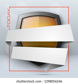 Protect guard shield banner concept. Safety badge stripe icon. Privacy update banner shield. Security renovation label. Defense tag Presentation renovation sticker shape. Defense safeguard shield sign