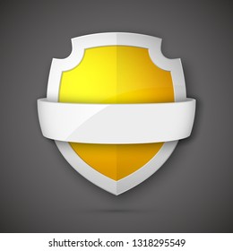 Protect guard shield banner concept. Safety badge stripe icon. Privacy update banner shield. Security renovation label. Defense tag presentation band sticker shape Defense safeguard stripe shield sign