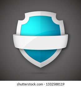 Protect guard shield banner concept. Safety badge stripe icon. Privacy update banner shield. Security renovation label. Defense tag presentation band sticker shape Defense safeguard stripe shield sign