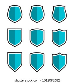 Protect guard shield plain line concept. Outline shield badge. Safety icon set. Privacy banner kit. Security label. Flat style protect sticker symbol shape. Safeguard simple sign linear pictogram