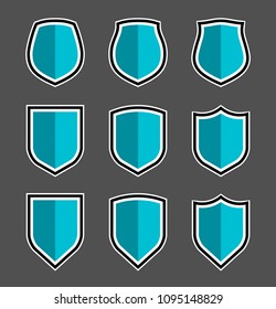 Protect guard shield plain line concept. Outline shield badge. Safety icon set. Privacy banner kit. Security label. Flat style protect sticker symbol shape. Safeguard simple sign linear pictogram