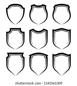 Protect guard shield plain line concept. Outline shield badge. Safety icon set. Privacy banner. Security label icon. style protect sticker symbol shape. Safeguard simple sign linear shield pictogram