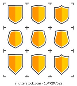 Protect guard shield plain line concept. Outline shield badge. Safety icon set. Privacy banner. Security label. Flat protect sticker symbol shape. Safeguard simple sign linear flat shield pictogram
