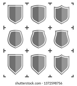 Protect guard shield plain line concept. Outline shield badge. Safety icon set. Privacy banner. Security label. Flat protect sticker symbol shape. Safeguard simple sign linear flat shield pictogram
