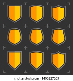 Protect guard shield plain line concept. Outline shield badge. Safety icon set. Privacy banner. Security label. Flat protect sticker symbol shape. Safeguard simple sign linear flat shield pictogram